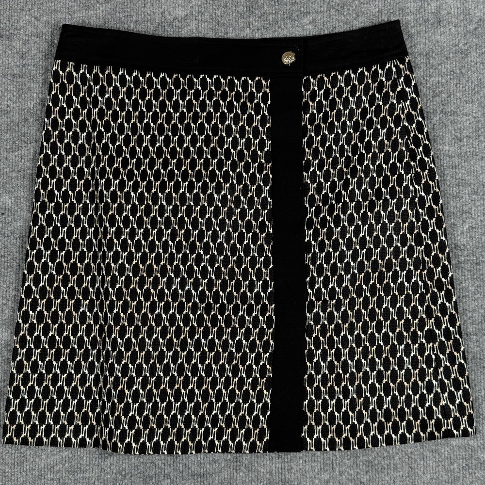Anne Klein Skirt Womens 6 Black White Geometric Metallic Gold Lion Button Cotton